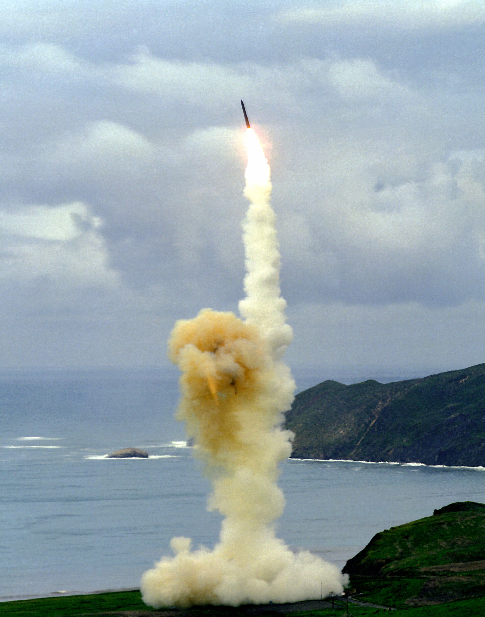 An unarmed Minuteman III intercontinental ballistic missile launching on a test flight