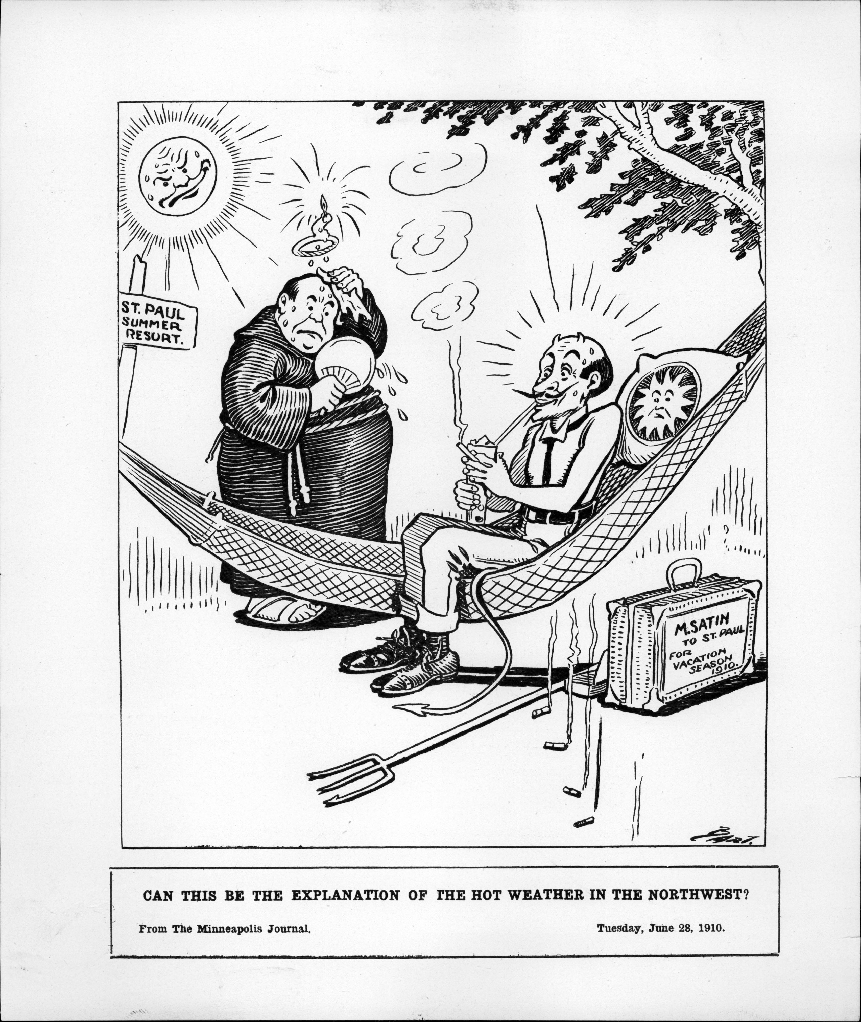 A vintage illustration showing the sun beating down on people struggling in the heat, symbolizing 2026 heatwave conditions